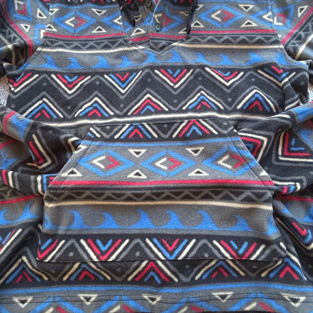 O'Neill Fleece Hoodie Aztec Tribal Men's L Patterned Pullover Pouch 3 Button